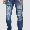 Sky Blue Aztec Geometry Patches Mens Distressed Jeans