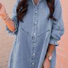 Sky Blue Buttoned Long Sleeve Denim Mini Dress