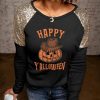 Black HAPPY Y'ALLOWEEN Pumpkin Print Sequin Contrast Top