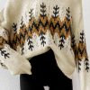 Beige Slouchy Fit Christmas Tree Print V Neck Knit Sweater