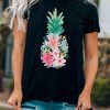 Black Flower Pineapple Graphic Print Crew Neck T Shirt