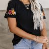 Black Floral Embroidered Round Neck Short Sleeve T Shirt