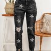 Black Star Pattern Decor Ripped Slim Fit Jeans