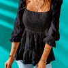 Black Square Neck Smocked Puff Sleeve Blouse