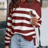 Red Striped Print Pocketed Long Sleeve Top With Slits