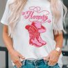 White Howdy Boots Graphic Print O Neck Short Sleeve T Shirt