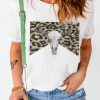 White Leopard Steer Skull Graphic Print Short Sleeve T Shirt