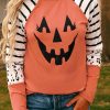 Orange Funny Face Striped Leopard Color Block Long Sleeve Top