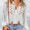 White Floral Embroidered Tassel Drawstring V Neck Blouse