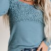 Sky Blue Lace Crochet V Neck Long Sleeve Top