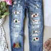 Sky Blue Christmas Tree Splicing Distressed Boyfriend Jeans