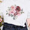 White Rose Leaf Pattern Printed Crewneck Graphic Tee