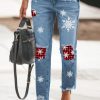 Sky Blue Christmas Snowflake Plaid Patchwork Distressed Jeans