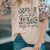 Khaki Coffee Jesus Graphic Leopard Ruffle Sleeve Top