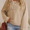 Khaki Casual Button Solid Patchwork Trim Hoodie