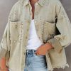 Green Beaded Oversized Pocketed Distressed Denim Jacket