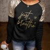 Black Just Breathe Graphic Print Sequin Shoulder Long Sleeve Top