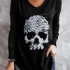 Black Skull Glitter Graphic Print V Neck Long Sleeve Top