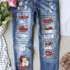 Sky Blue Santa Claus Pattern Splicing Distressed Boyfriend Jeans