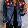 Blue Snowflake Plaid Patchwork Distressed Denim Jacket