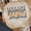 Khaki LOVE LIKE Jesus Leopard Print Short Sleeve T Shirt