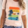 Pink Vacation Plant Color Block Short Sleeve T Shirt