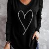 Black Rhinestone Heart Shaped V Neck Long Sleeve Top