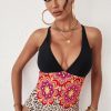 Leopard Floral Criss Cross Deep V Neck One-piece Swimwear