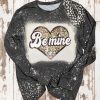 Black Be Mine Leopard Heart Bleach Print Long Sleeve Top