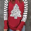 Red Leopard Christmas Tree Striped Color Block Long Sleeve Top