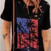 Black American Flag Plant Print Ripped Short Sleeve T Shirt