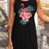 Black Flower Flamingo Graphic Print Pocketed Sleeveless Dress