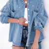 Sky Blue Beaded Oversized Pocketed Distressed Denim Jacket