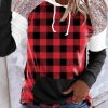 Red Sequined Splicing Plaid Kangaroo Pocket Hoodie