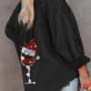 Black Christmas Hat Wine Glass Print Distressed Denim Jacket