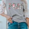 Gray Rose And Leopard Pray Word Lace Sleeve Top