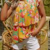 Yellow Floral Print Ruffle Cap Sleeve Keyhole Back Blouse