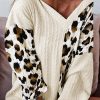 Beige Asymmetric Leopard Patchwork Wide Sleeve V Neck Sweater