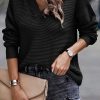 Black V Neck Ribbed Drop Shoulder Hooded Sweater