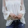 White Fashion Lantern-Sleeve Lace Patchwork Top