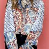 Sky Blue Mixed Floral Geometric Print Ruffled Long Sleeve Blouse