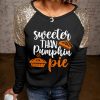 Black Sweeter Than Pumpkin Pie Print Sequin Patchwork Long Sleeve Top