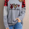 Gray Peace Love Wine Graphic Print Striped Plaid Long Sleeve Top