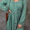 Green Button Up High Waist Long Sleeve Dress