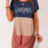 Floral Letter Print Color Block Twist Knot T Shirt Mini Dress