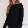 Black Crew Neck Ribbed Trim Waffle Knit Top