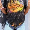 Black Halloween Pumpkin Face Bat Bleached T-Shirt