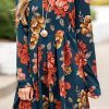 Blue Floral Pleated Long Sleeves Dress