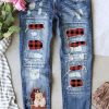 Sky Blue Christmas Pattern Plaid Splicing Distressed Jeans