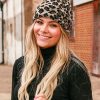 Brown Leopard Pattern Knit Pompom Hat